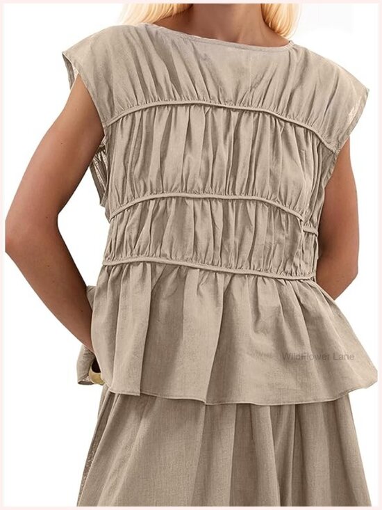 Tops - Women's Tiered Shirred Tank Top Crew Neck Cap Sleeve Flared Hem Babydoll Blouse